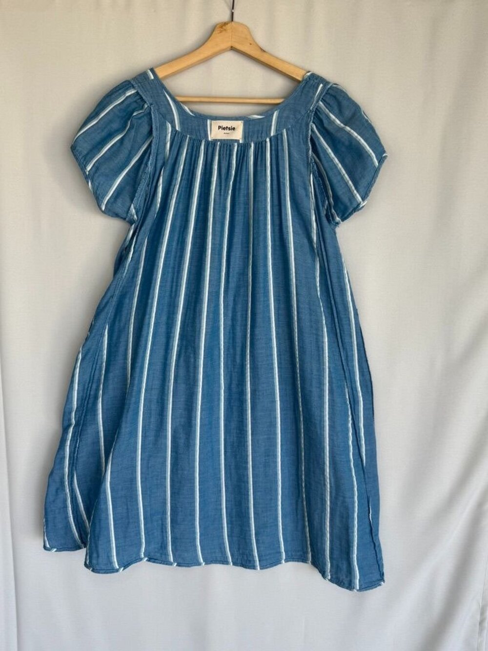 Pietsie Agave Cotton Blue Striped Cap Sleeve Babydoll Shift Dress Size Medium - Picture 7 of 9